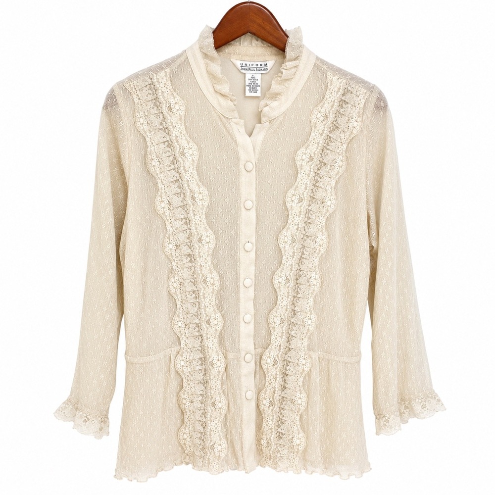 John Paul Richard Cream Lace Ruffle Button Up Blouse Sheer Peplum Top Womens L